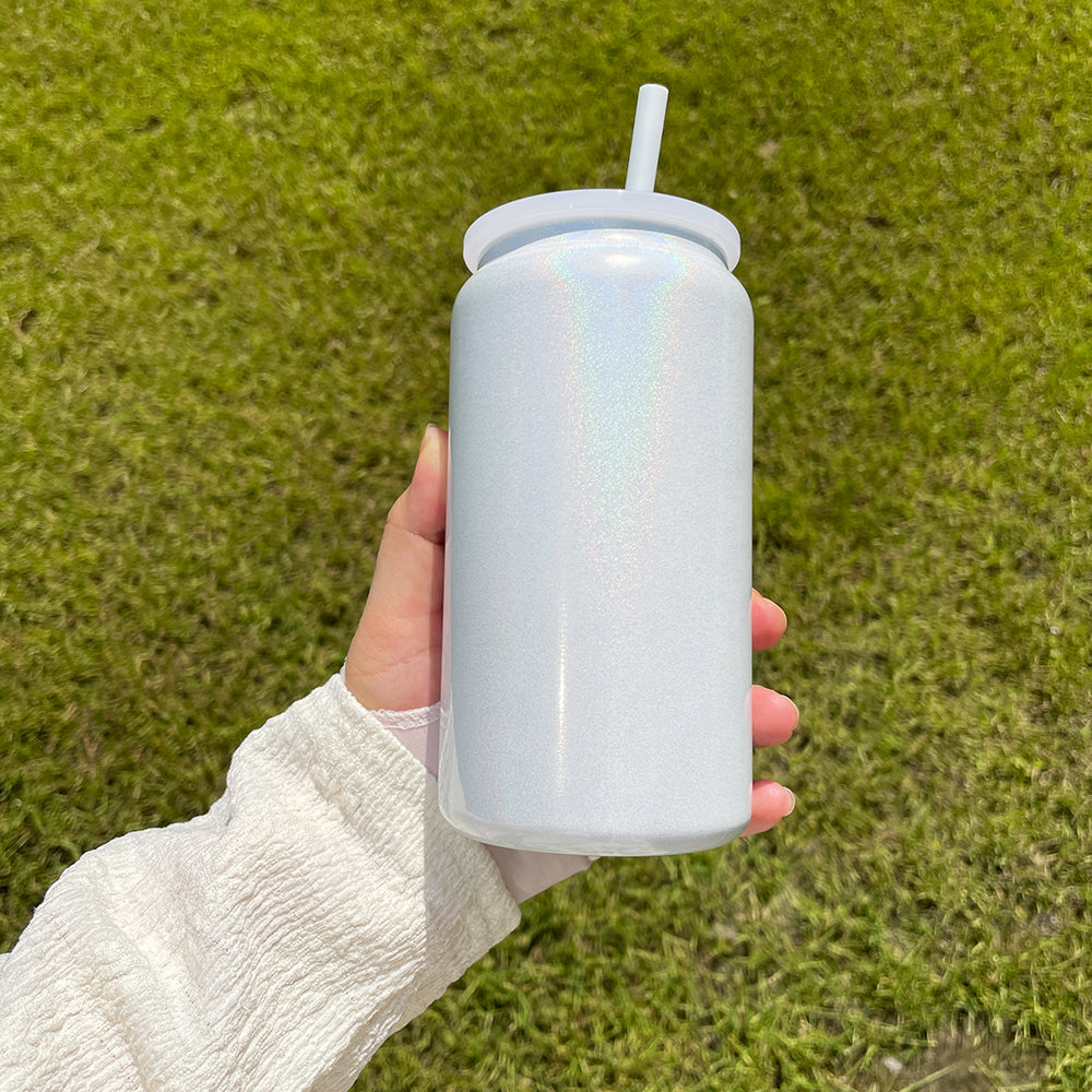 Sublimation Shimmer Glitter 16oz Vacuum Insulated Stainless Steel Can with Colored PP Lid and Straw_ miki