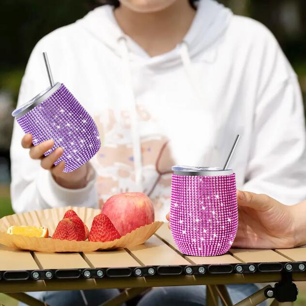 egg shaped 12oz rhinestone bling wine tumbler with slide lid and metal straw_miki