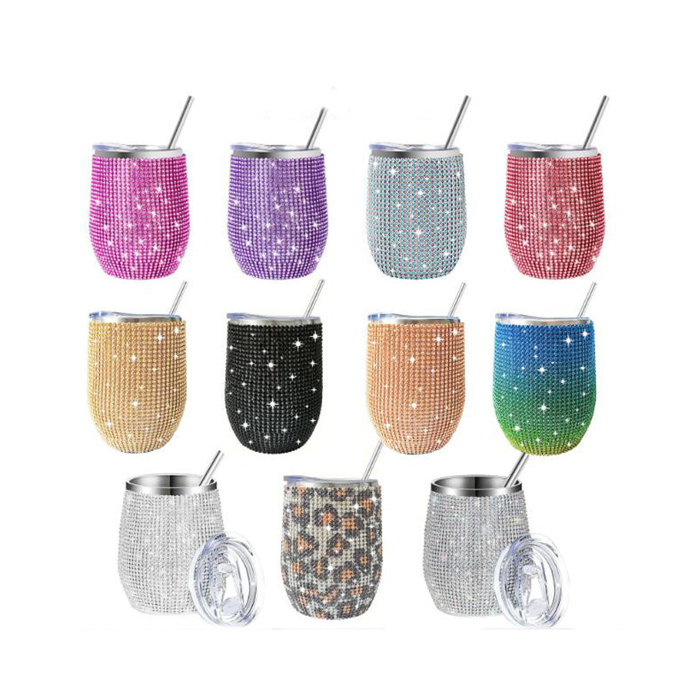 egg shaped 12oz rhinestone bling wine tumbler with slide lid and metal straw_miki