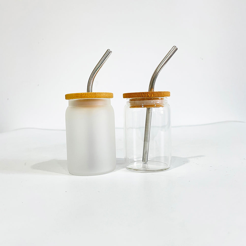 sublimation 3.5 OZ shot glass can with bamboo lid and metal straw_miki