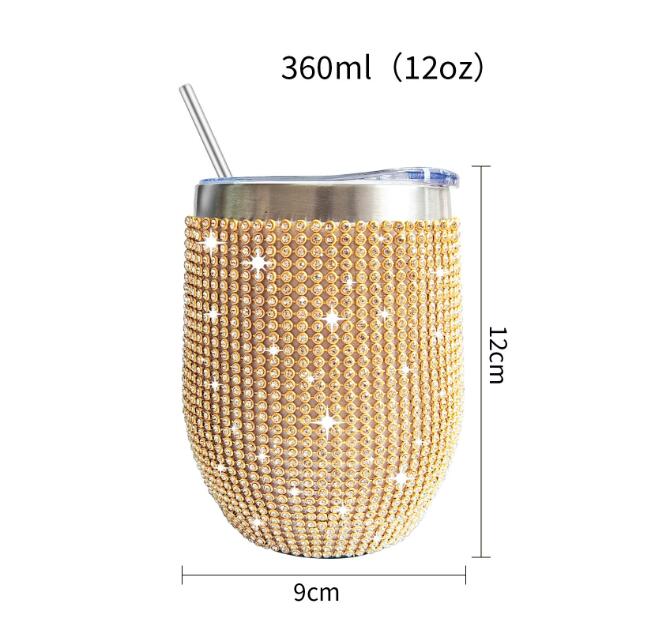 egg shaped 12oz rhinestone bling wine tumbler with slide lid and metal straw_miki