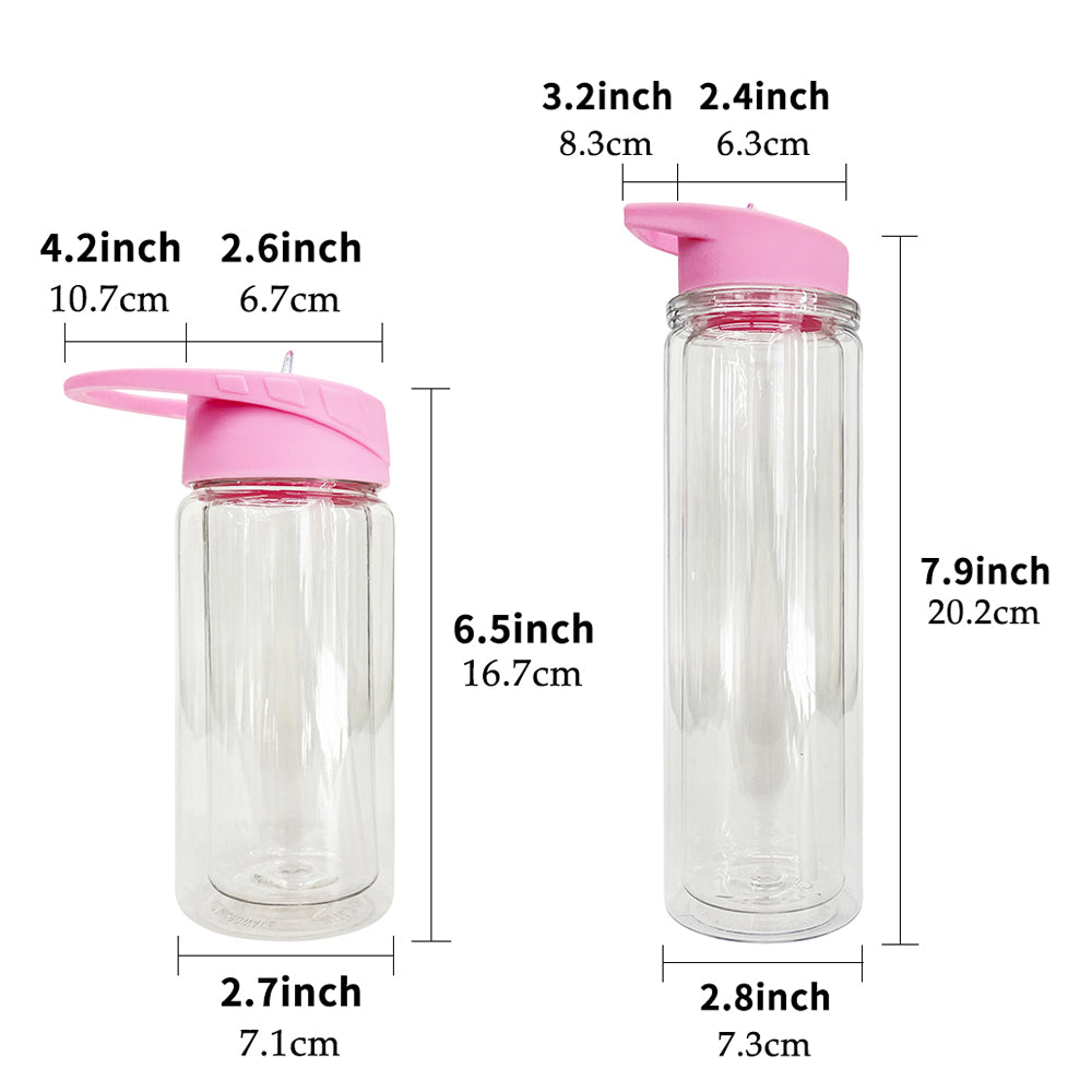 USA RTS 10oz kids double wall plastic snowglobe water bottle with pre-drilled hole and stopper in bottom _miki