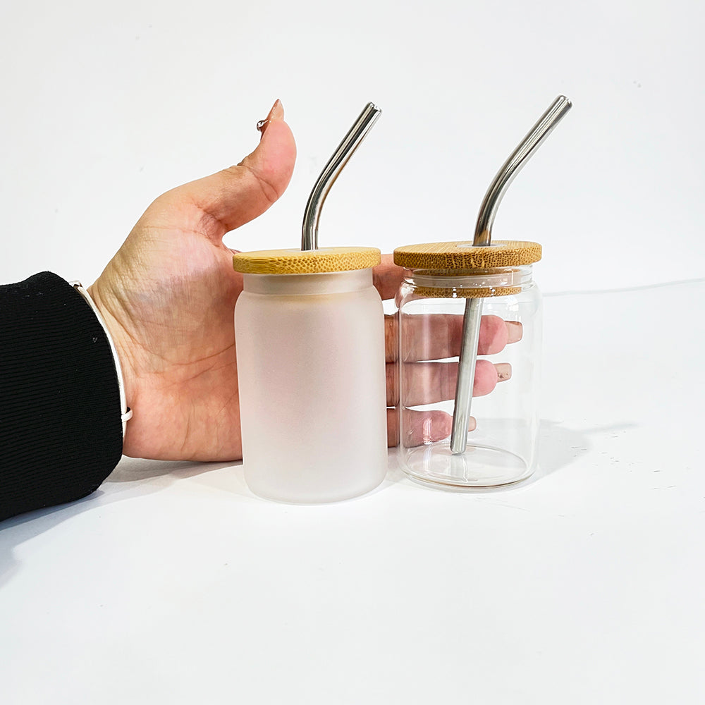 sublimation 3.5 OZ shot glass can with bamboo lid and metal straw_miki