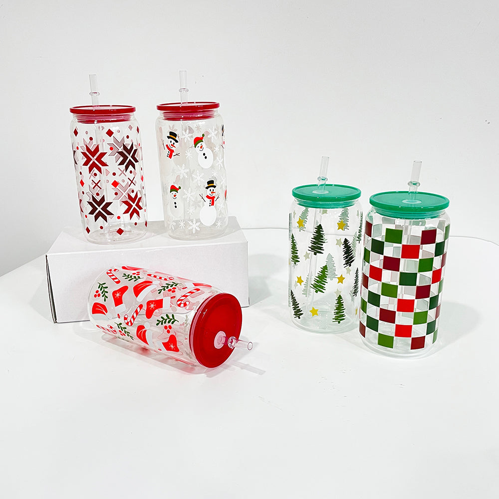 3D touch UV printing Christmas designed 16oz clear glass can with pp lid and straw_miki