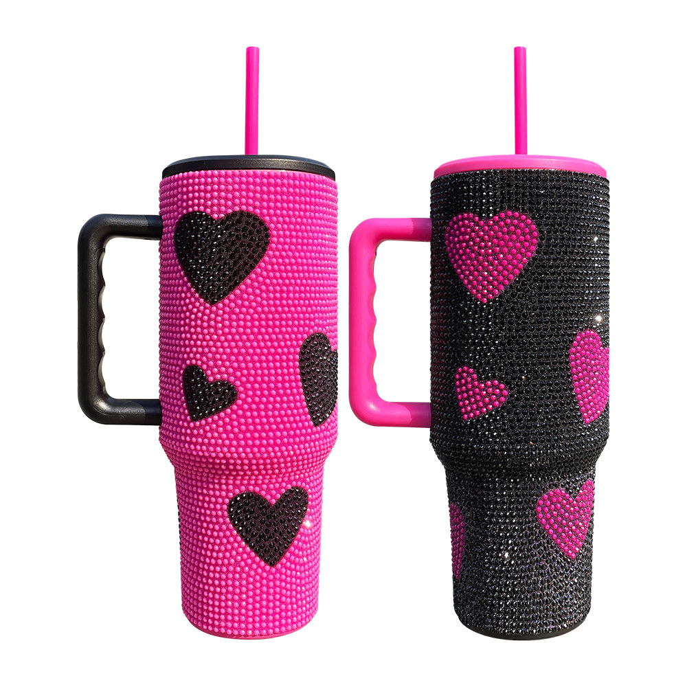 sweat heart printed rhinestone 40oz bling tumbler with handle,lid and straw_miki
