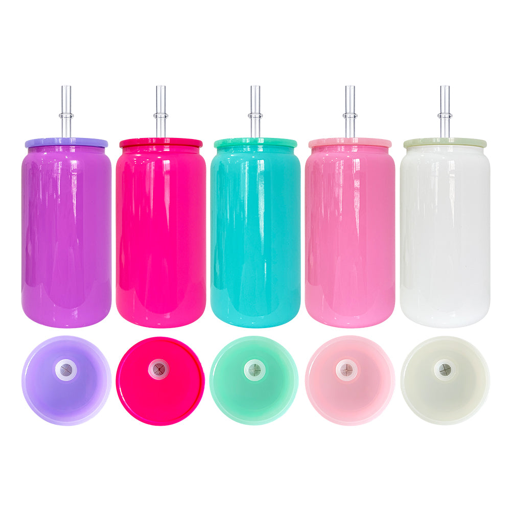 USA RTS_ Sublimation 16oz Macaron Color 16oz Glass Can with PP Lid and Straw_ miki