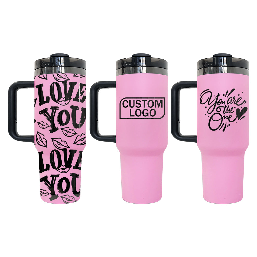 USA RTS_ Pink Powder Coated Black Underneath 40oz Quencher Tumbler With Black Lid and Handle For Laser Engraving _miki