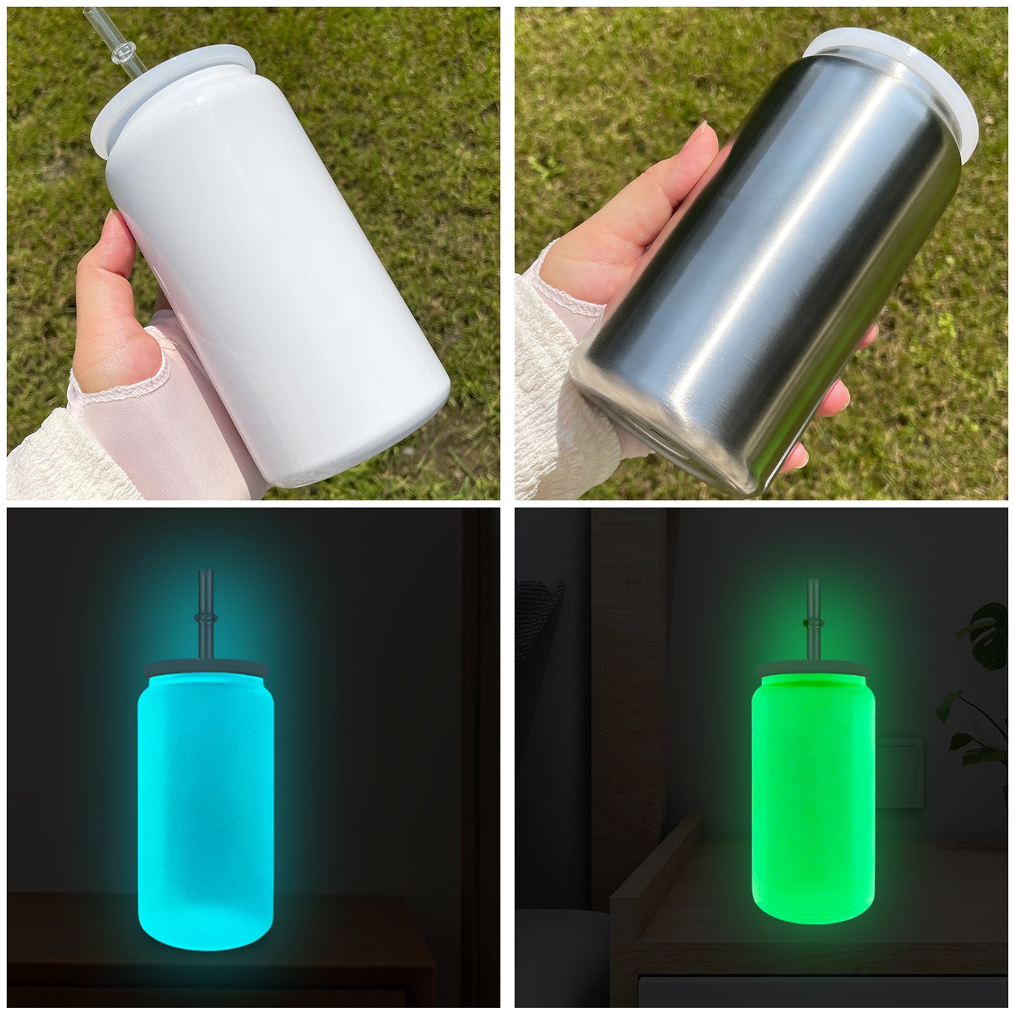 sublimation white glow in dark 16oz vacuum insulated stainless steel can with pp lid and straw_miki