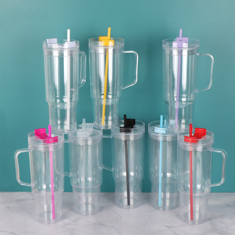Pre-Drilled 40oz Acrylic Plastic Double Walled Snowglobe Handle Tumbler with Lid, Straw, Stopper for Glitter and UV DTF wraps_ miki