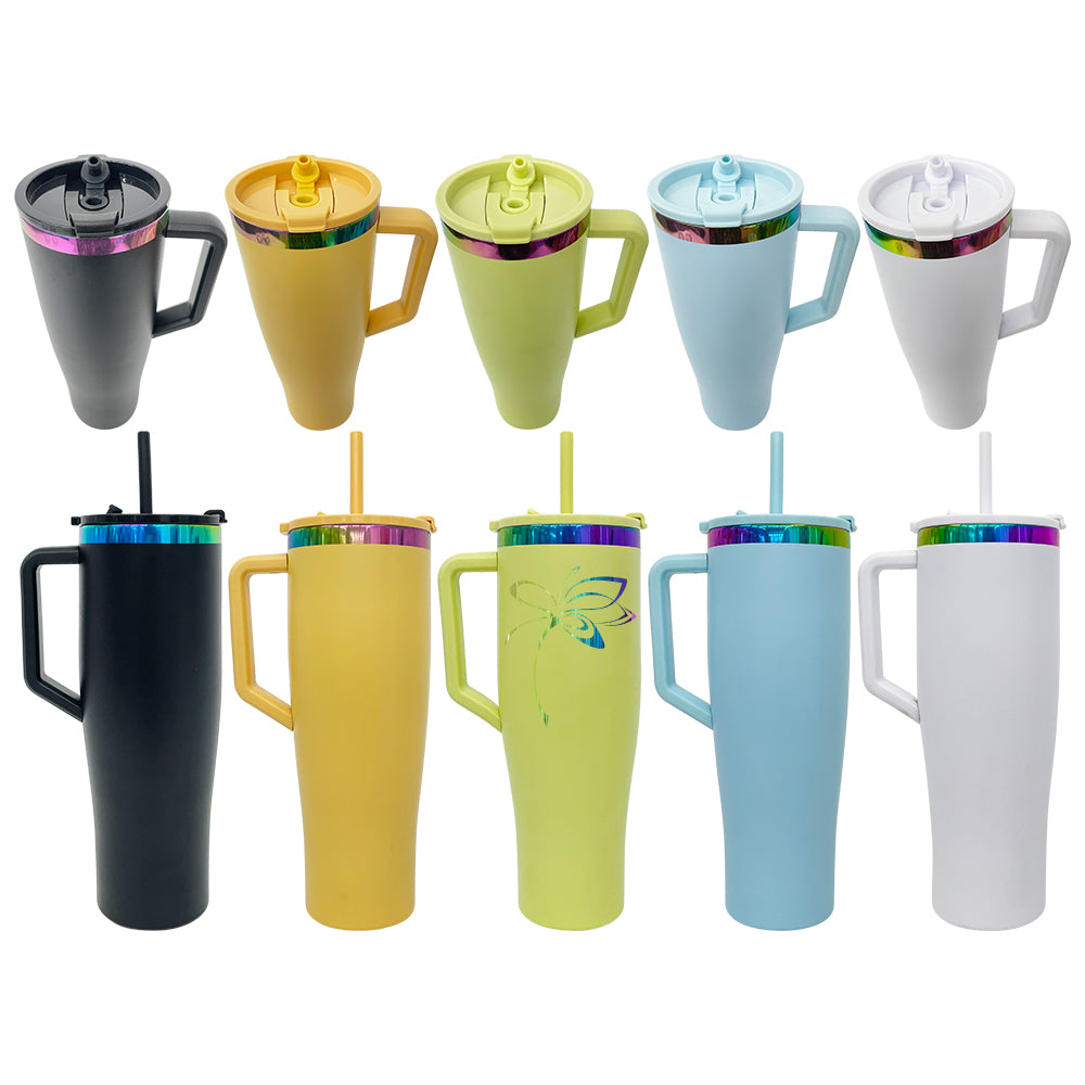 Powder Coated Curved 40oz Rainbow Plated Quencher Tumbler with Handle and Leak Proof Lid For Laser Engraving _miki