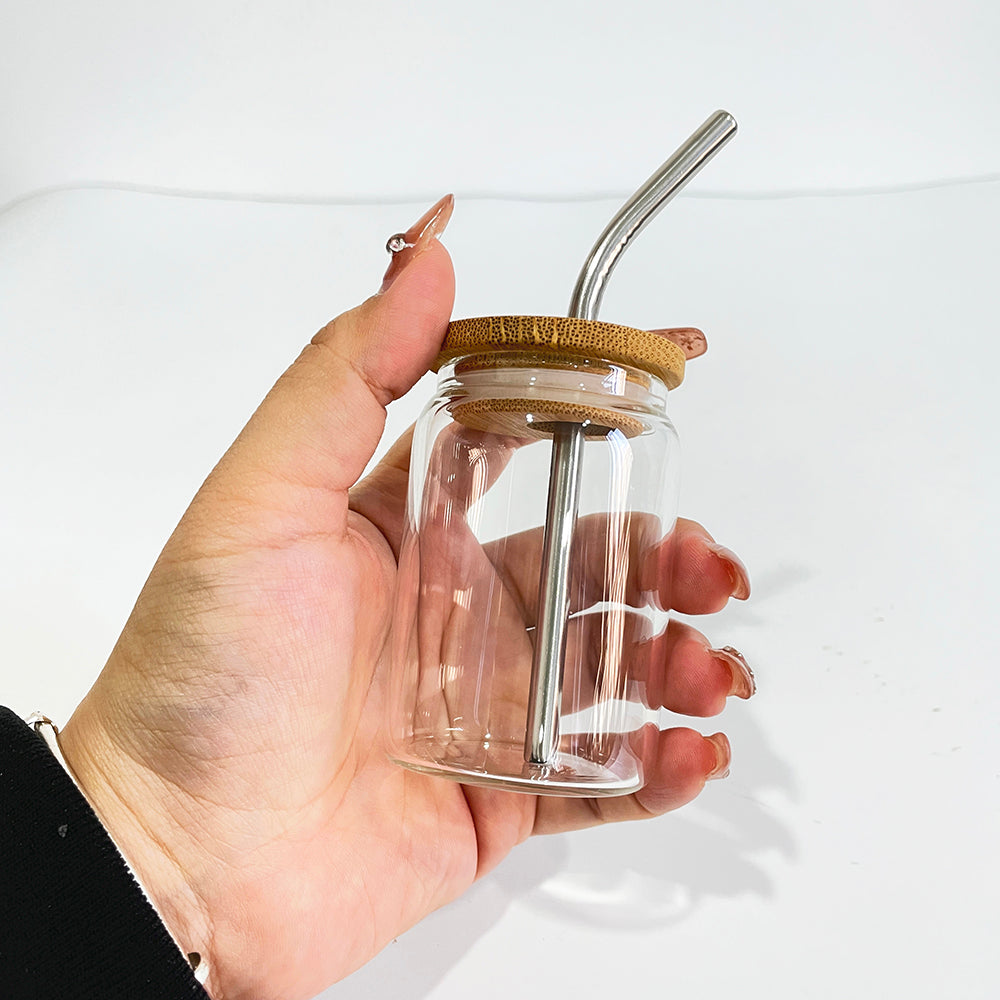 sublimation 3.5 OZ shot glass can with bamboo lid and metal straw_miki