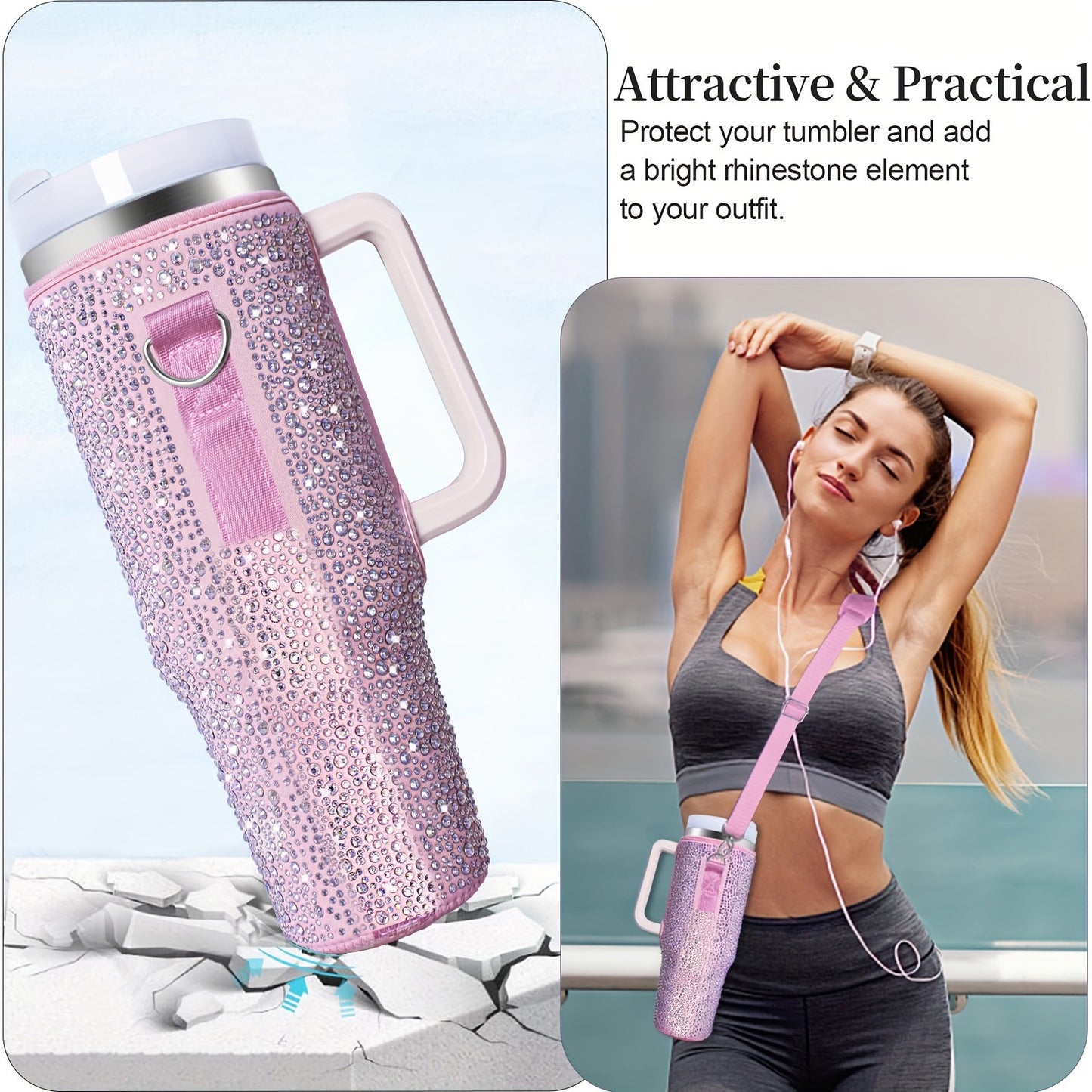 Sparkling Bling Neoprene Diamond Water Bottle holder for 40oz quencher Tumbler with Adjustable Strap_miki