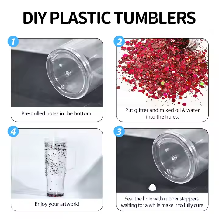 Pre-Drilled 40oz Acrylic Plastic Double Walled Snowglobe Handle Tumbler with Lid, Straw, Stopper for Glitter and UV DTF wraps_ miki