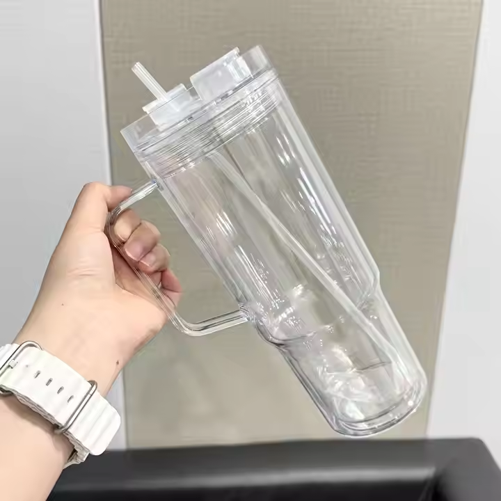 Pre-Drilled 40oz Acrylic Plastic Double Walled Snowglobe Handle Tumbler with Lid, Straw, Stopper for Glitter and UV DTF wraps_ miki