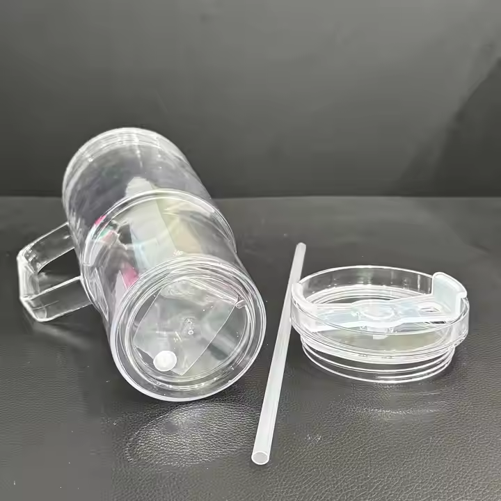 Pre-Drilled 40oz Acrylic Plastic Double Walled Snowglobe Handle Tumbler with Lid, Straw, Stopper for Glitter and UV DTF wraps_ miki
