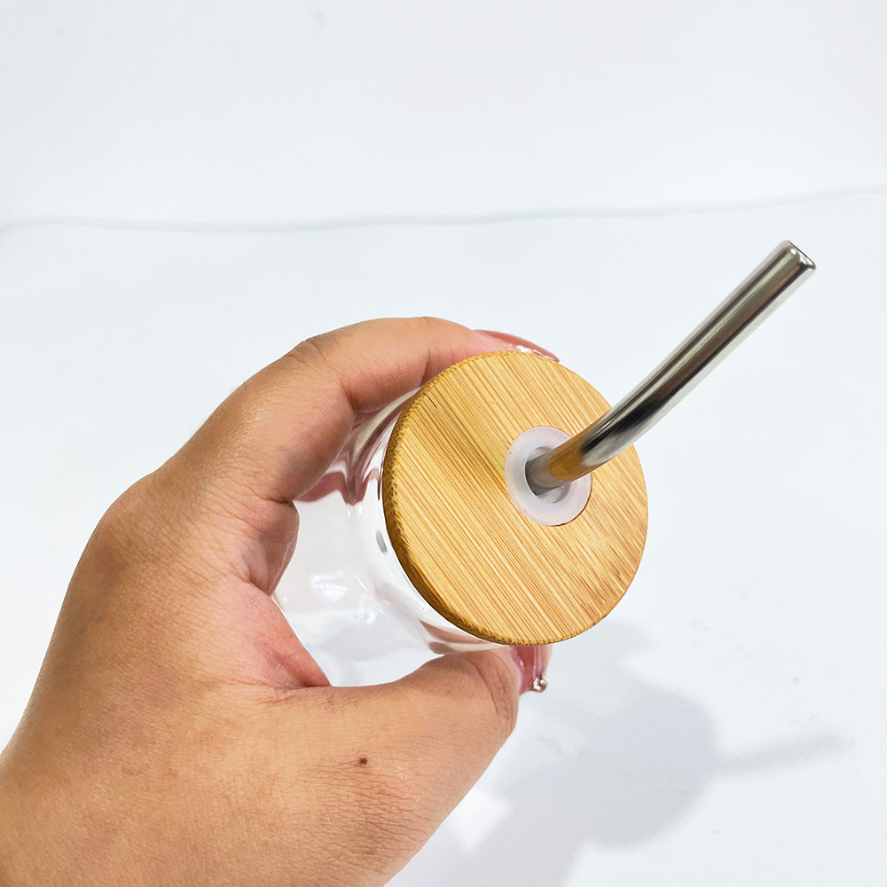 sublimation 3.5 OZ shot glass can with bamboo lid and metal straw_miki