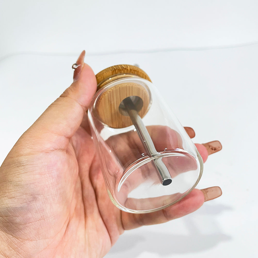 sublimation 3.5 OZ shot glass can with bamboo lid and metal straw_miki