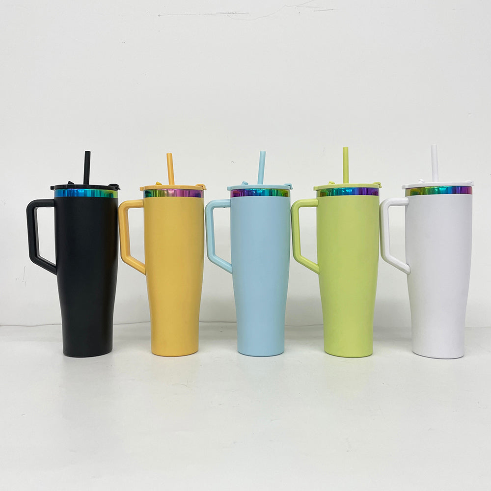 Powder Coated Curved 40oz Rainbow Plated Quencher Tumbler with Handle and Leak Proof Lid For Laser Engraving _miki