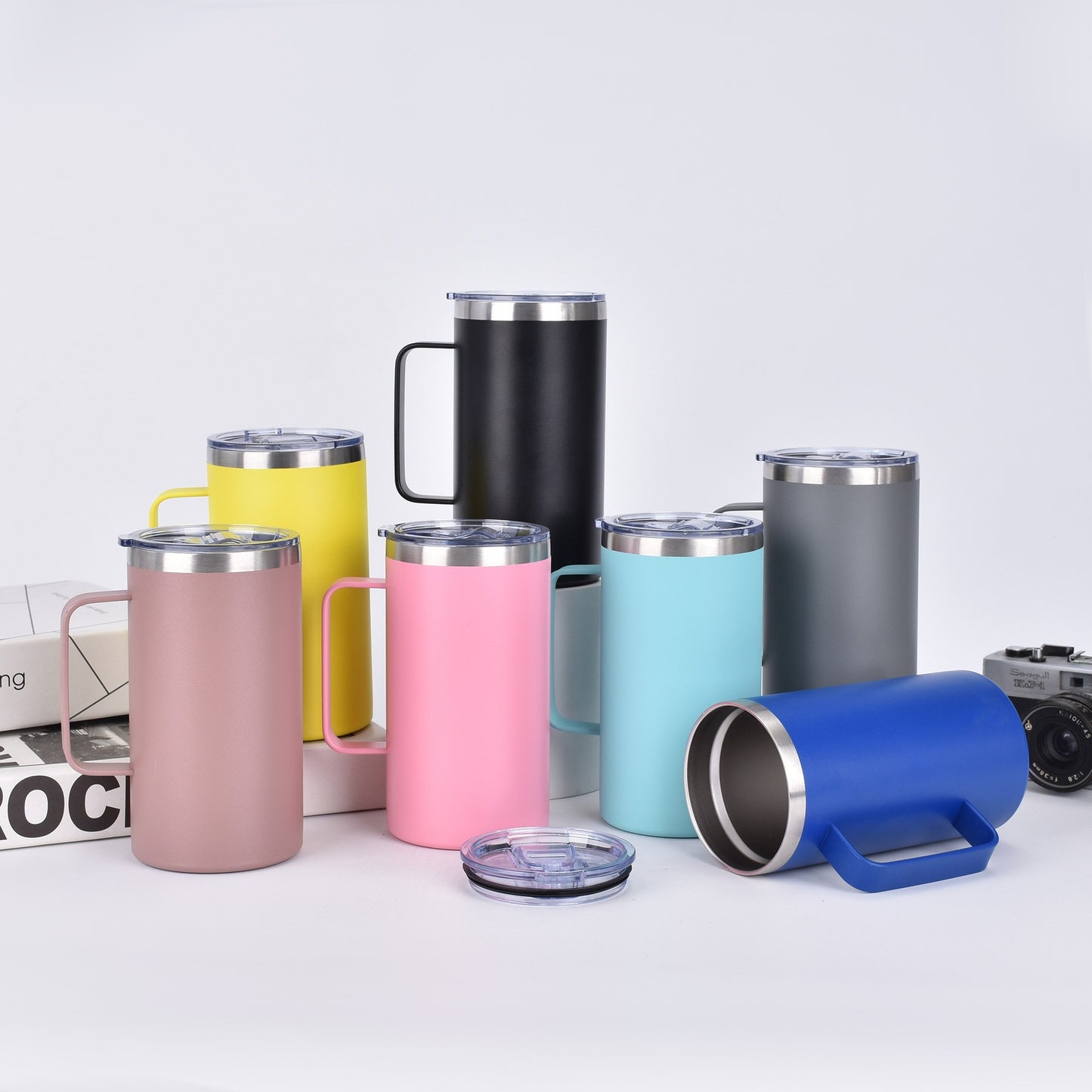powder coated 14oz 24oz insulated stainless steel coffee camper mug with handle_miki