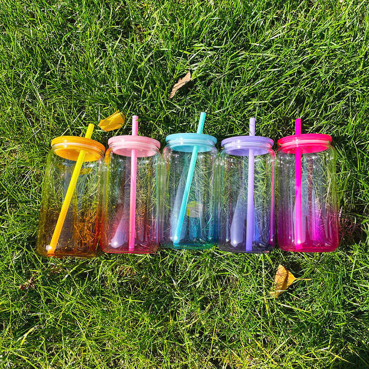 USA RTS_ ombré jelly 16oz acrylic plastic can with colored lid and straw_ miki