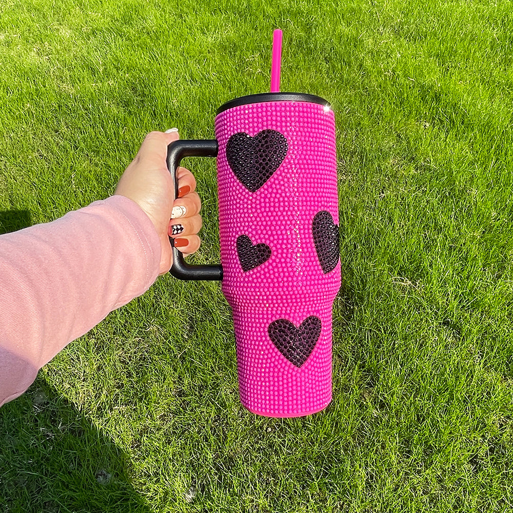 sweat heart printed rhinestone 40oz bling tumbler with handle,lid and straw_miki