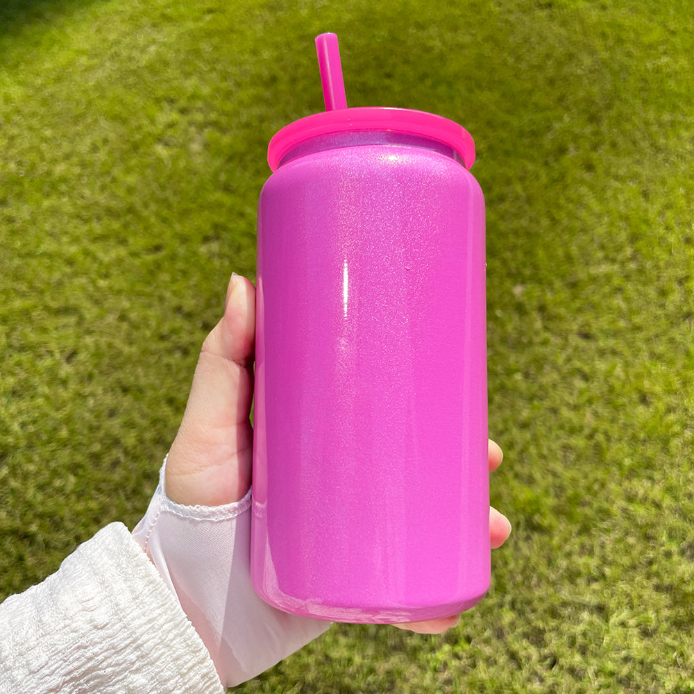 Sublimation Shimmer Glitter 16oz Vacuum Insulated Stainless Steel Can with Colored PP Lid and Straw_ miki
