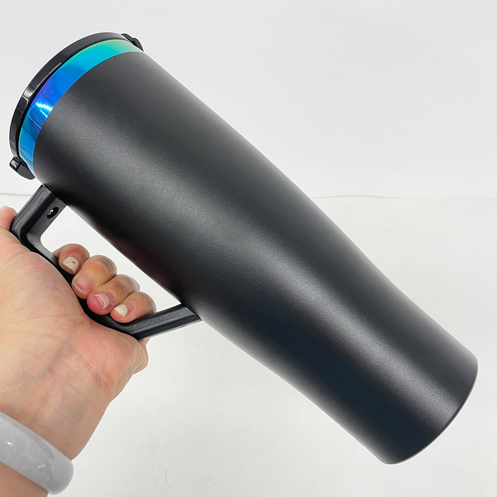 Powder Coated Curved 40oz Rainbow Plated Quencher Tumbler with Handle and Leak Proof Lid For Laser Engraving _miki