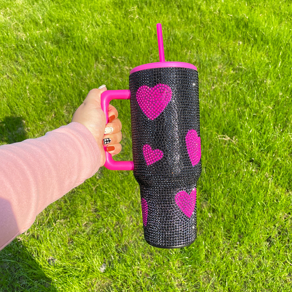 sweat heart printed rhinestone 40oz bling tumbler with handle,lid and straw_miki