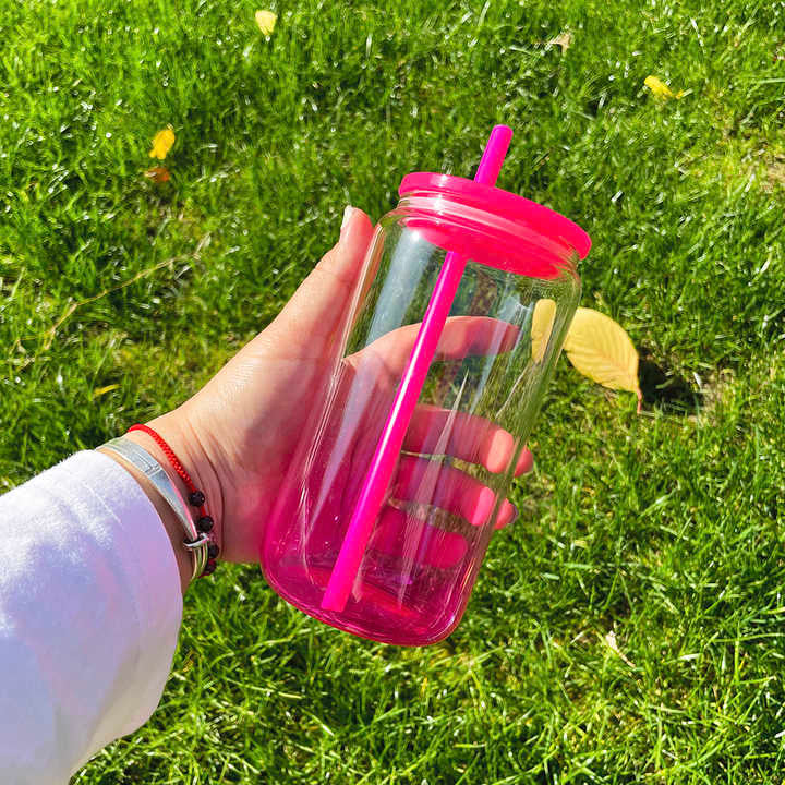 USA RTS_ ombré jelly 16oz acrylic plastic can with colored lid and straw_ miki