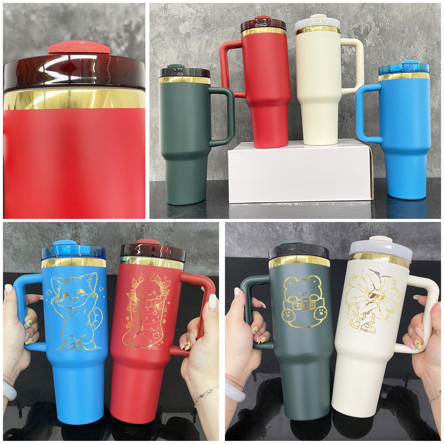 USA RTS_ Gold underneath Christmas colors powder coated H2.0 40oz quencher tumblers with lid and straw for laser engraving_miki