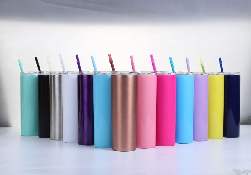 20oz skinny tumbwlrs with slide lid and colored straws for laser engraving_miki