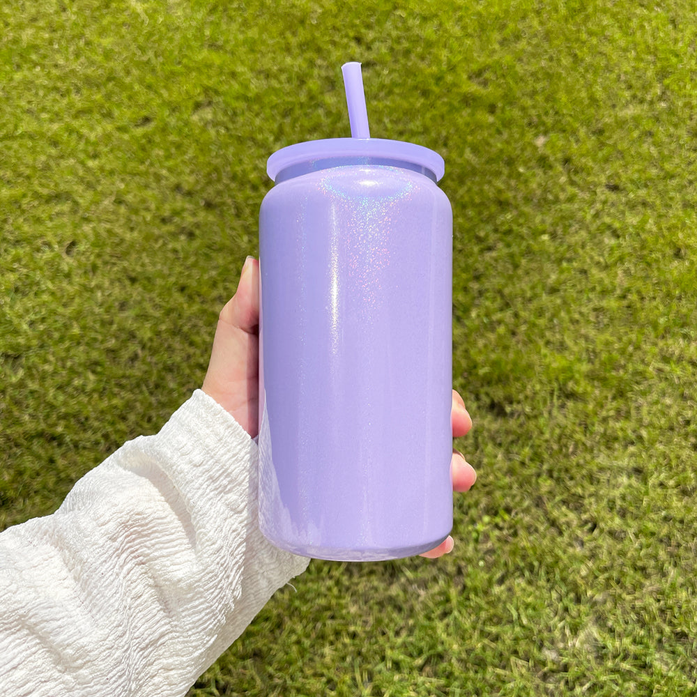 Sublimation Shimmer Glitter 16oz Vacuum Insulated Stainless Steel Can with Colored PP Lid and Straw_ miki