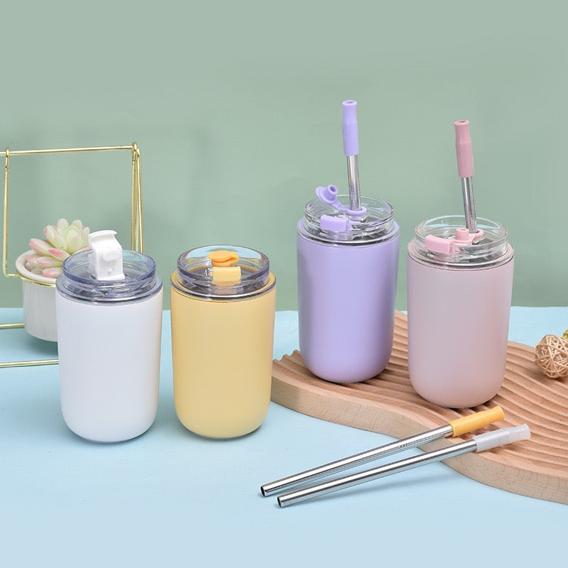Cute 280ml stainless steel insulated cup coffee milk mug with lid and straw_miki