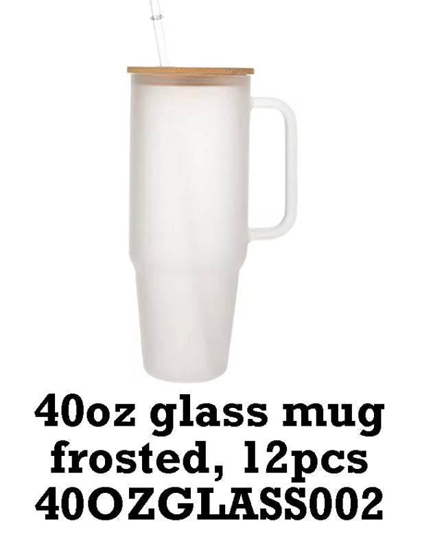 USA RTS_ 32oz 40oz Clear Frosted Glass Mug With Handle,bamboo lid and plastic straw_miki