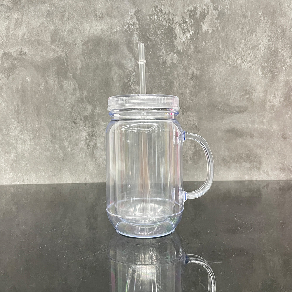 Acrylic Plastic 20oz Double Wall Snow Globe Mason Jar with Handle, Lid and Straw for DIY Glitter and Vinyl_ miki