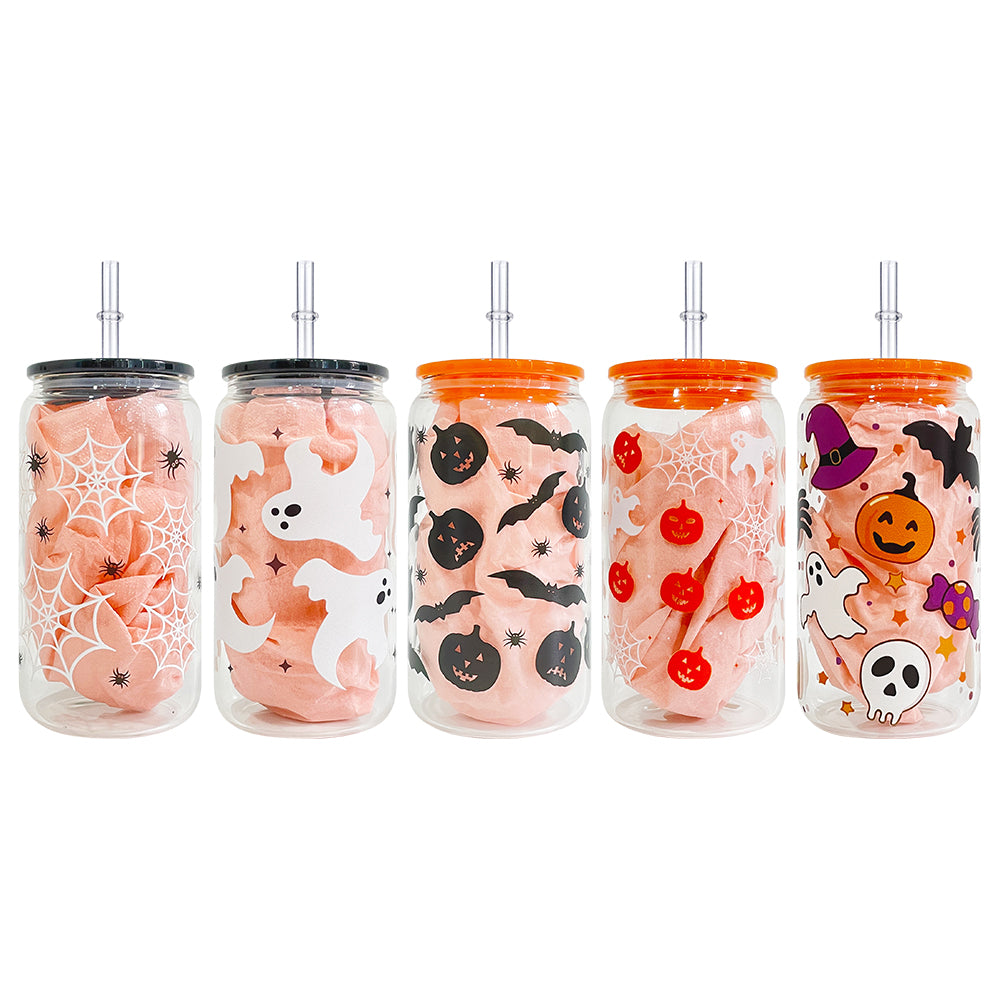 USA RTS_ 3D touch UV printing Halloween designed 16oz clear glass can with pp lid and straw_miki