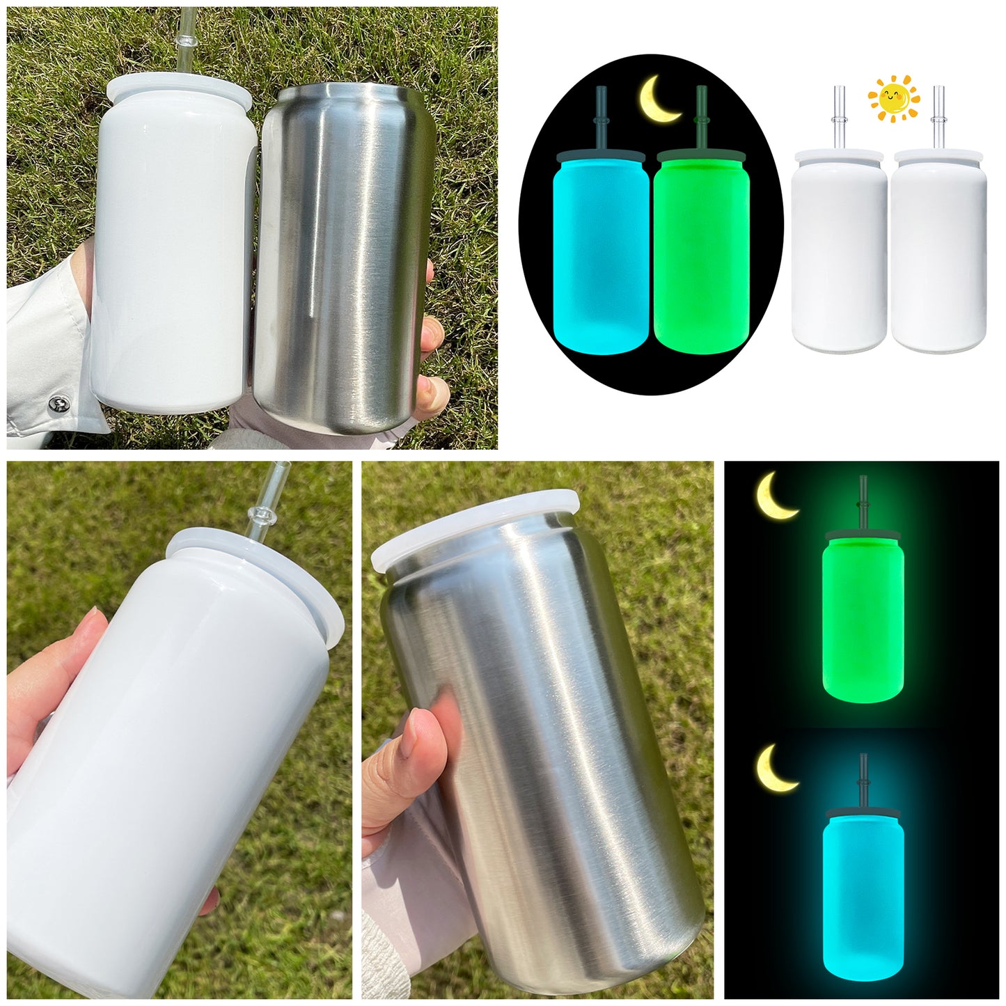 sublimation white glow in dark 16oz vacuum insulated stainless steel can with pp lid and straw_miki
