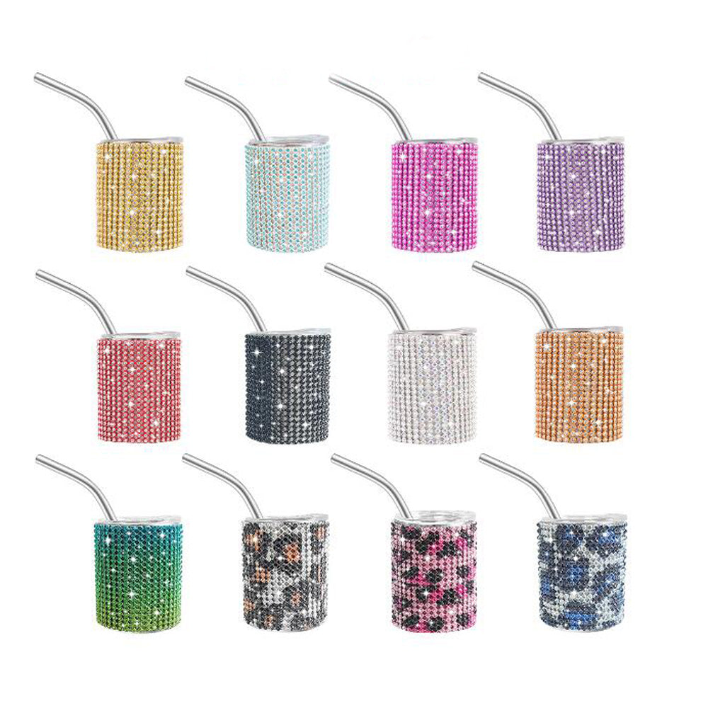 3oz rhinestone bling stainless steel shot glass with lid and metal straw_miki