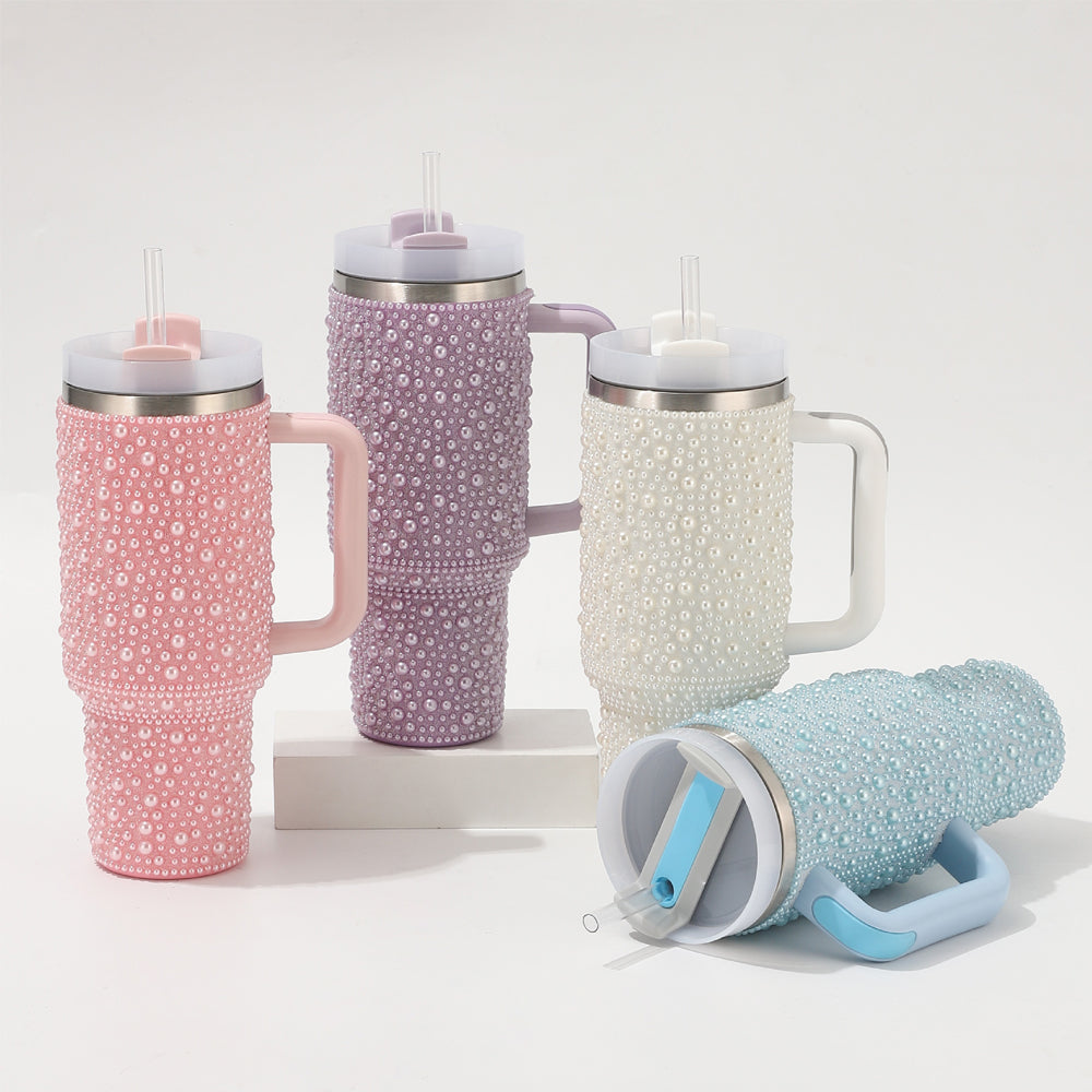 Rhinestone Pearl 40oz Quencher Tumbler With Handle,Lid And Straw_miki