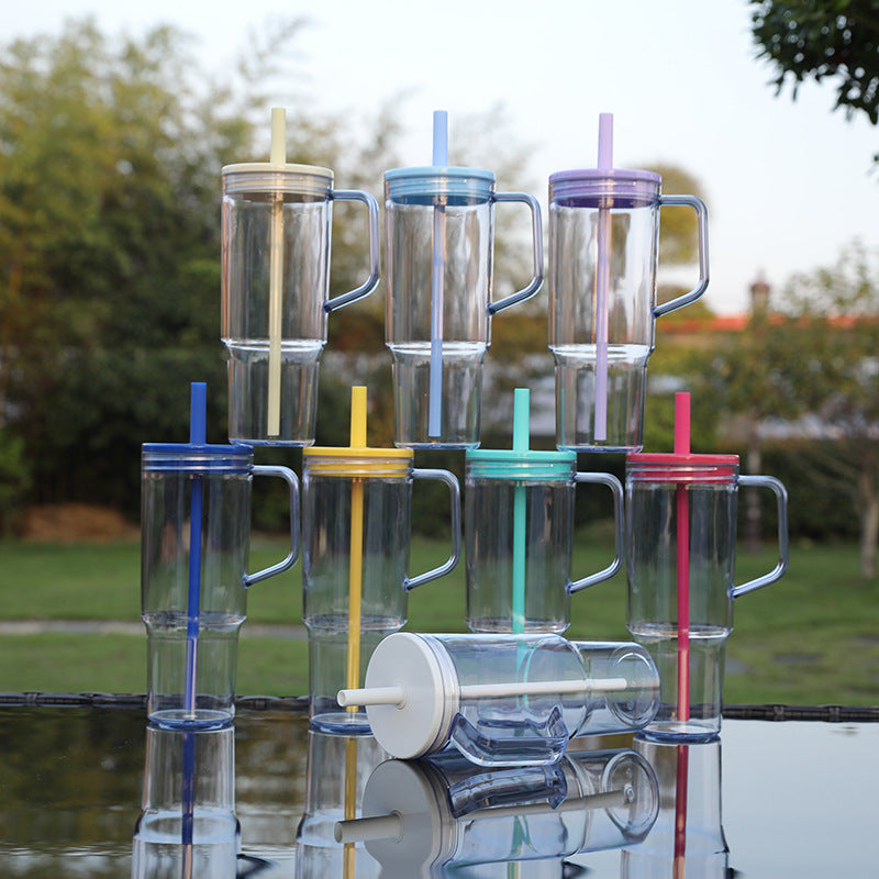 40oz Clear Plastic Tumbler with Handle, Colored Lid and Plastic Straw for UV DTF Wraps_ miki