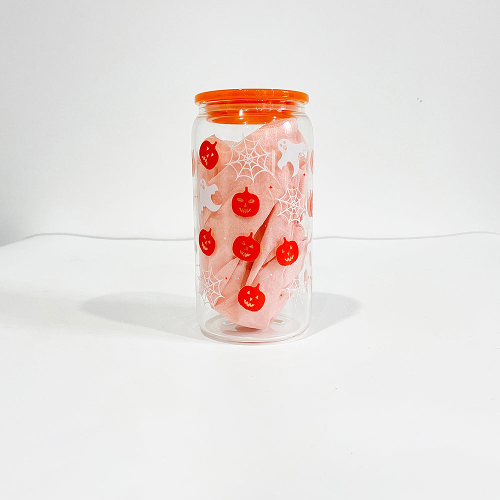 USA RTS_ 3D touch UV printing Halloween designed 16oz clear glass can with pp lid and straw_miki