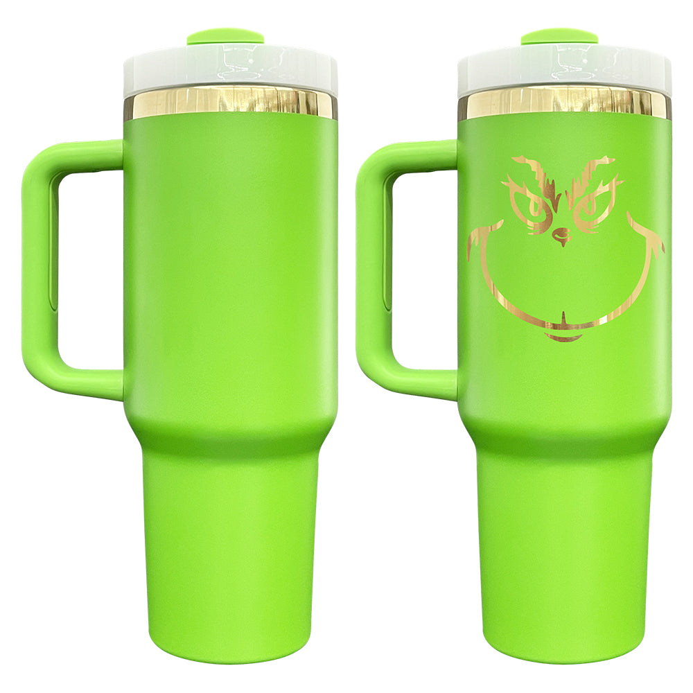 Mirror Gold Grinch Green Powder Coated H2.0 40oz Quencher Tumbler with Lid and Straw for Laser Engraving_ miki