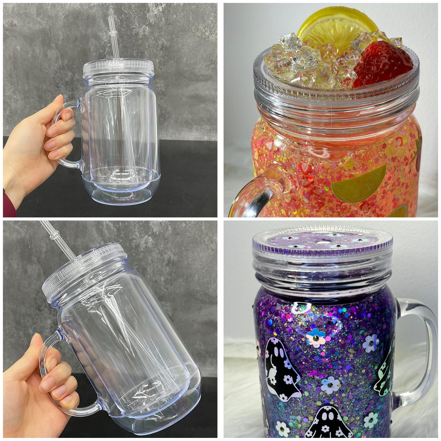 Acrylic Plastic 20oz Double Wall Snow Globe Mason Jar with Handle, Lid and Straw for DIY Glitter and Vinyl_ miki