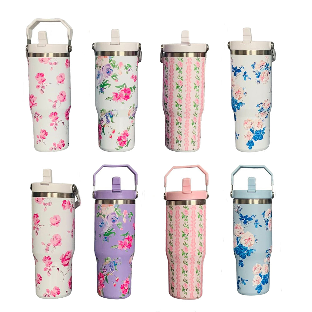 30oz Sliver Plate Love Shack Fancy Flower Flip Straw Water Bottles_ miki
