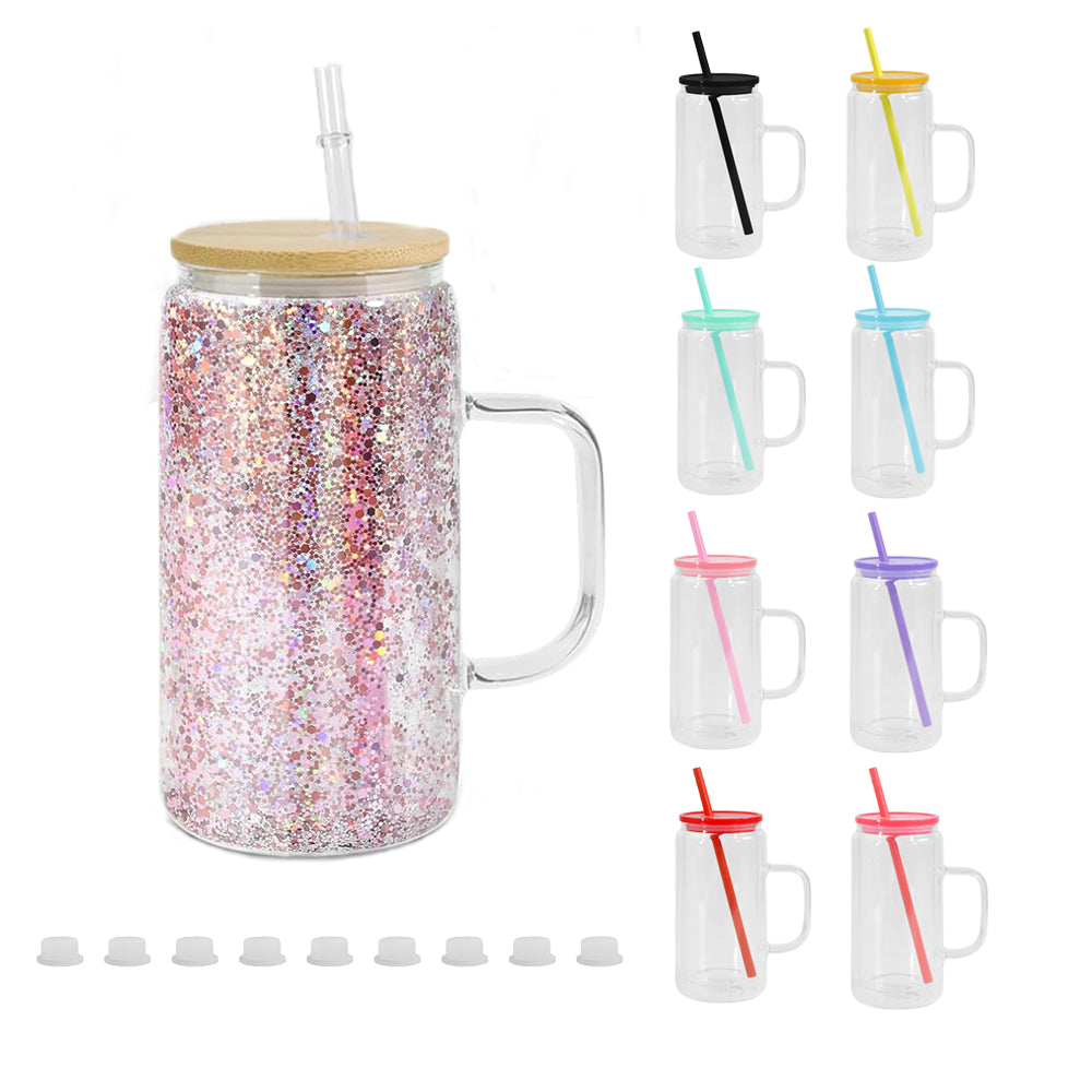 Sublimation 16oz Double Walled Snow Globe Glass Mugs Pre-Drilled with Handle and Colored Lids for UV DTF and DIY Glitter_ miki