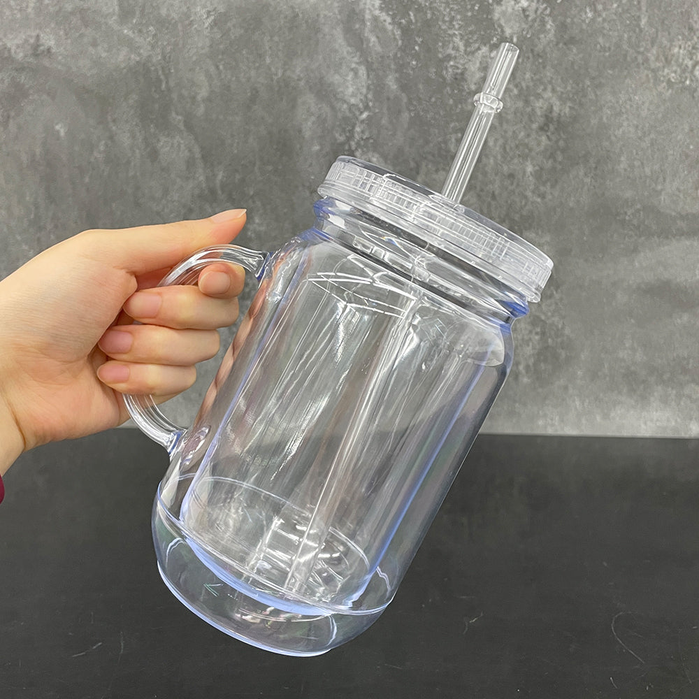 Acrylic Plastic 20oz Double Wall Snow Globe Mason Jar with Handle, Lid and Straw for DIY Glitter and Vinyl_ miki
