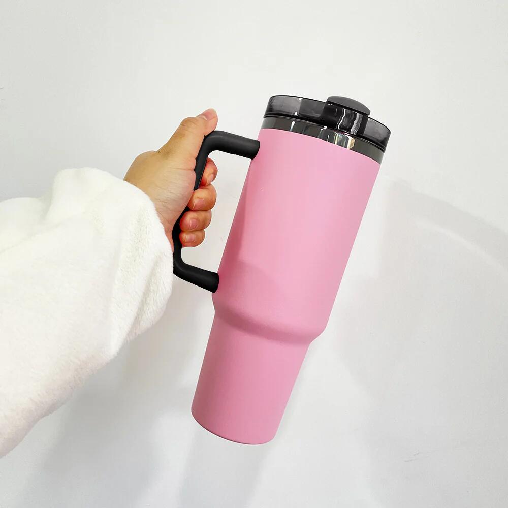 USA RTS_ Pink Powder Coated Black Underneath 40oz Quencher Tumbler With Black Lid and Handle For Laser Engraving _miki