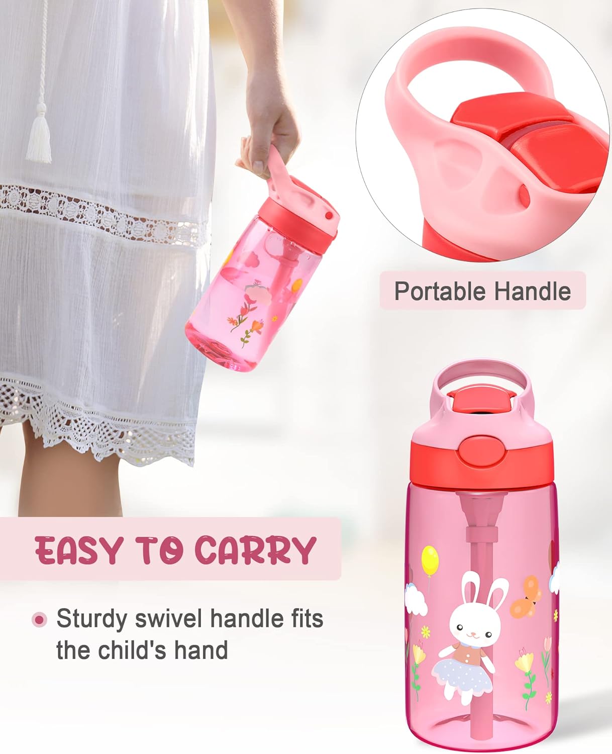 Leak Proof 16oz Durable Plastic Kids Water Bottle with Straw and Pop-Up Spout Cover For School or Travel_ miki