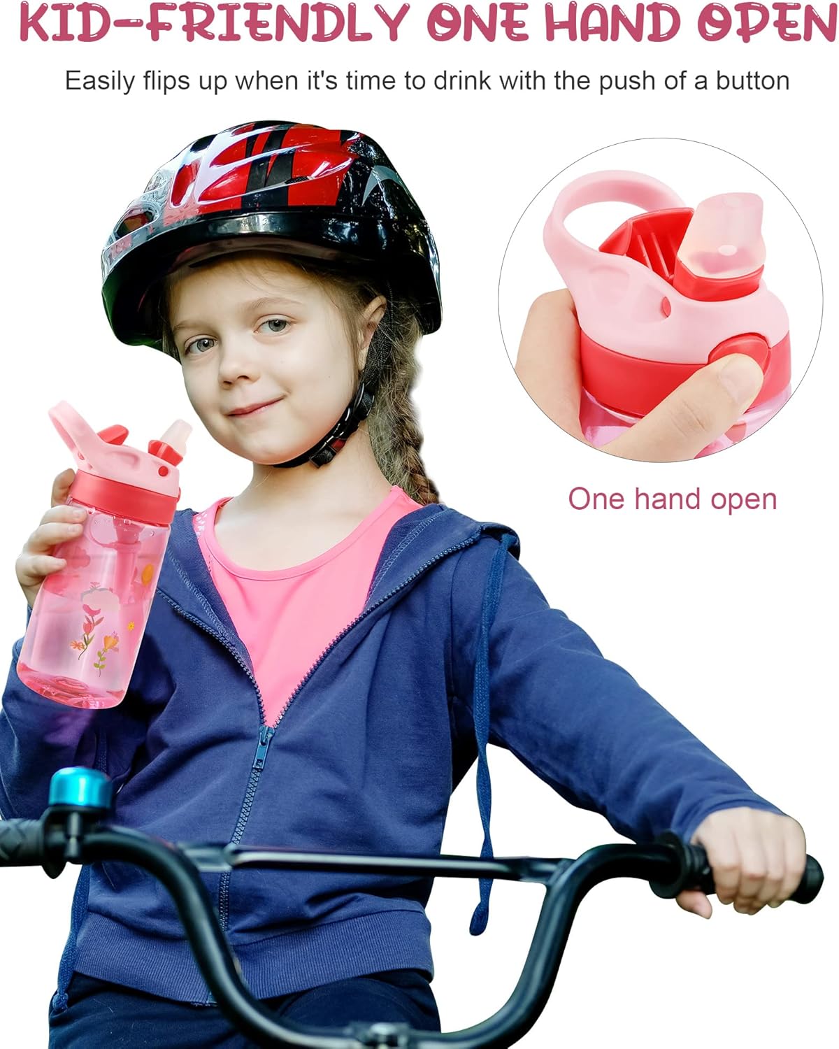 Leak Proof 16oz Durable Plastic Kids Water Bottle with Straw and Pop-Up Spout Cover For School or Travel_ miki