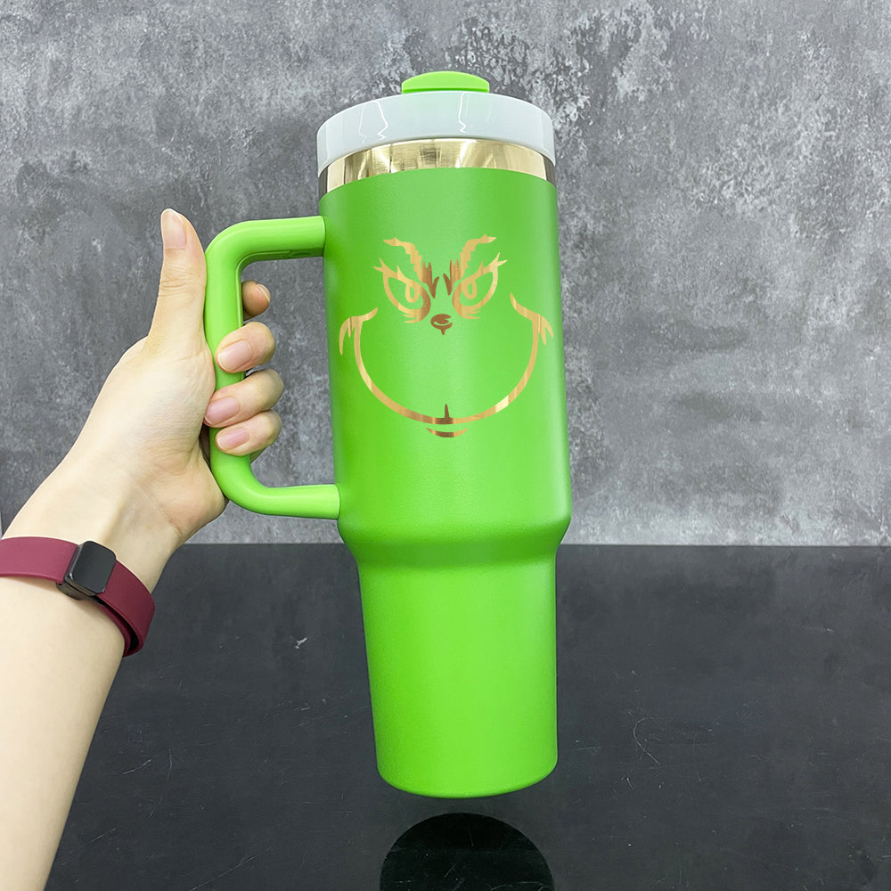Mirror Gold Grinch Green Powder Coated H2.0 40oz Quencher Tumbler with Lid and Straw for Laser Engraving_ miki